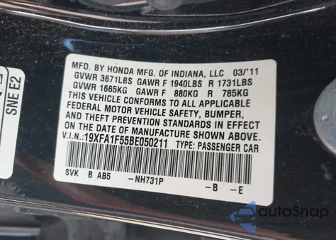 2011 Honda Civic Lx из США, поврежденный, VIN 19XFA1F55BE050211